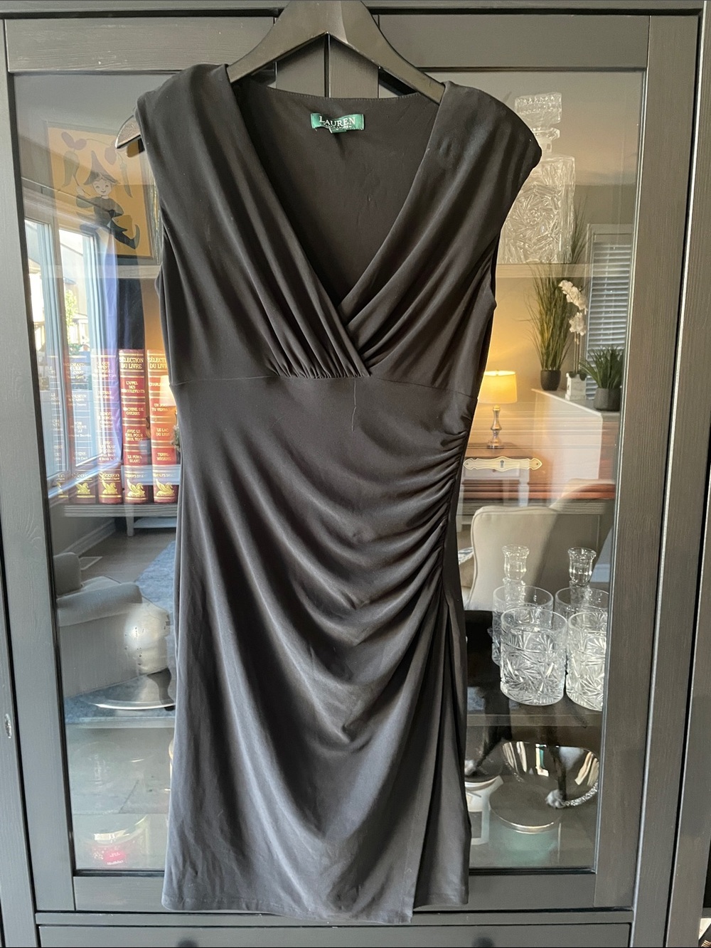 Ralph Lauren Black V-Neck Ruched Sleeveless Midi Dress